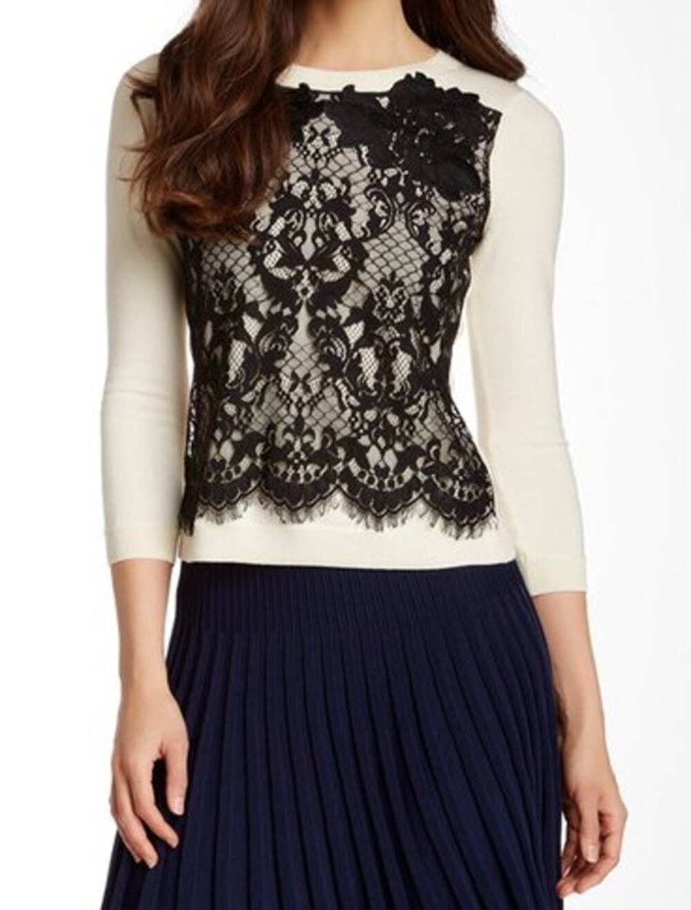 🕯️🕊️ DVF Diane von Furstenberg Ivory Wool Blend Lace Trim Sweater Size M/P